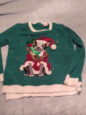 Holiday Time Green Crewneck Sweater with Festive Dog Applique